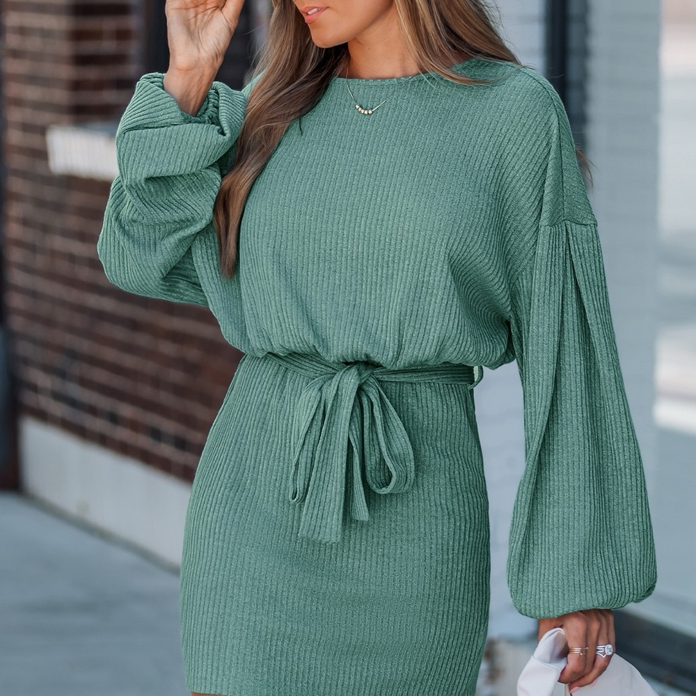 Elegant Long Sleeve Knit Dress in Green